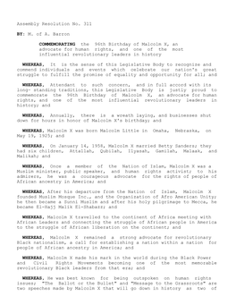 Assembly Resolution No. 311 M. of A. Barron BY: the 96Th Birthday