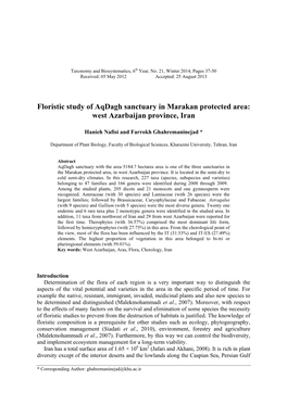 Floristic Study of Aqdagh Sanctuary in Marakan Protected Area: West Azarbaijan Province, Iran