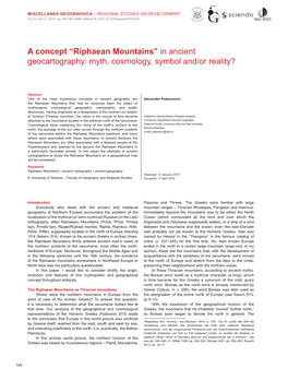 Riphaean Mountains” in Ancient Geocartography: Myth, Cosmology, Symbol And/Or Reality?