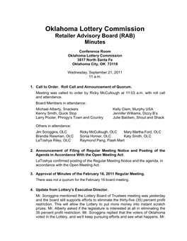 Oklahoma Lottery Commission Retailer Advisory Board (RAB) Minutes