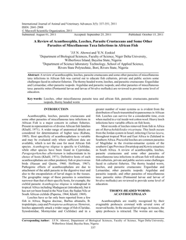 A Review of Acanthocephla, Leeches, Parasite Crustaceans and Some Other Parasites of Miscellaneous Taxa Infections in African Fish