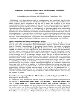 Development of Indigenous Modern Science and Technology in Colonial India Arka Acharjee Assistant Professor of History, A.B.N.Seal College, Cooch Behar, W.B