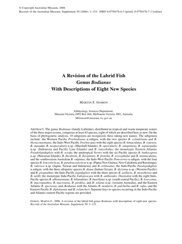 A Revision of the Labrid Fish Genus Bodianus with Descriptions of Seven