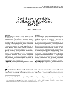 Discriminación Y Colonialidad En El Ecuador De Rafael Correa (2007-2017)*