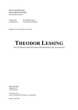 THEODOR LESSING Von Assimilation Über Haarmann Und Hindenburg Zur Assassination