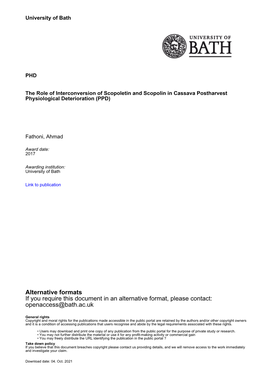 Thesis Submitted for the Degree of Doctor of Philosophy University of Bath Department of Biology and Biochemistry September, 2017