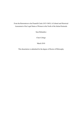 From the Restoration to the Pisanelli Code (1815-1865): a Cultural and Historical Assessment of the Legal Status of Women in the North of the Italian Peninsula