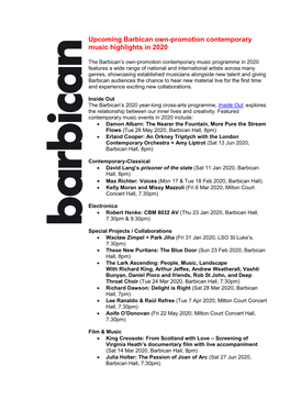 Upcoming Barbican Own-Promotion Contemporary Music Highlights in 2020