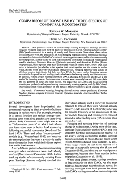 Comparison of Roost Use by Three Species of Communal Roostmates