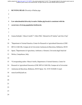 Low Mitochondrial Diversity in Native Italian Pig Breeds Is Consistent with The