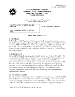 Order 2020-3-10 Served: March 31, 2020 UNITED STATES of AMERICA DEPARTMENT of TRANSPORTATION OFFICE of the SECRETARY WASHINGTON, D.C