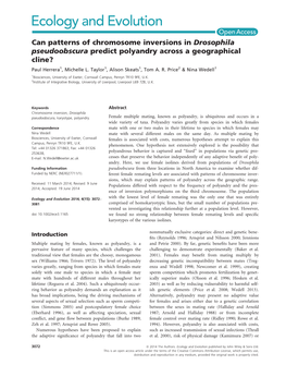 Can Patterns of Chromosome Inversions in Drosophila Pseudoobscura Predict Polyandry Across a Geographical Cline? Paul Herrera1, Michelle L