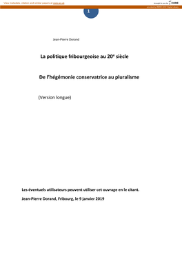 La Politique Fribourgeoise Au 20E Siècle De L'hégémonie Conservatrice Au Pluralisme