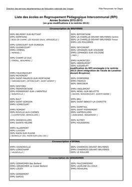 RPI) Année Scolaire 2012-2013 (En Gras Modifications À La Rentrée 2013)