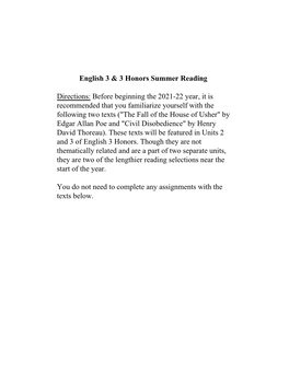 English 3 & 3 Honors Summer Reading Directions