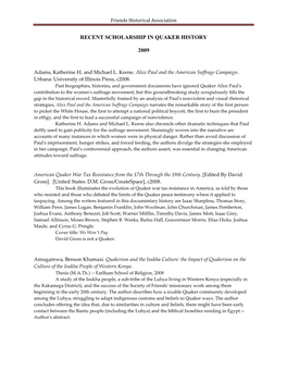 Recent Scholarship in Quaker History 2009