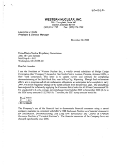 Letter from L. Corte, Western Nuclear, Inc., Re: 2007 Surety Information For