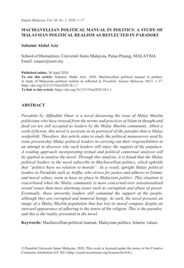 Machiavellian Political Manual in Politics: a Study of Malaysian Political Realism As Reflected in Paradoks