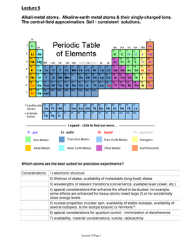 Lecture 9 Alkali-Metal Atoms. Alkaline-Earth Metal Atoms & Their