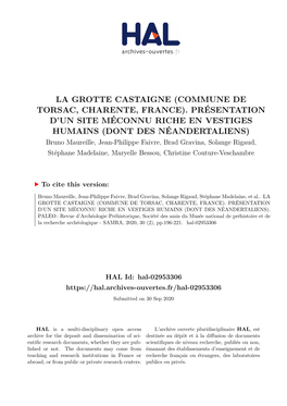 La Grotte Castaigne (Commune De Torsac, Charente, France). Présentation D'un Site Méconnu Riche En Vestiges Humains (Dont