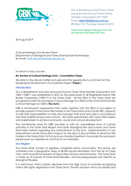 Gur a Baradharaw Kod Torres Strait Sea and Land Council Torres Strait Islander Corporation ICN 7689 Email: Admin@Gbkcorp.Com.Au PO Box 115, Thursday Island Q 4875