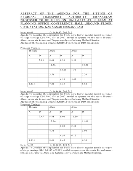 Abstract of the Agenda for the Sitting of Regional Transport Authority Ernakulam Proposed to Be Held on 18-11-2017 at 11.00Am At