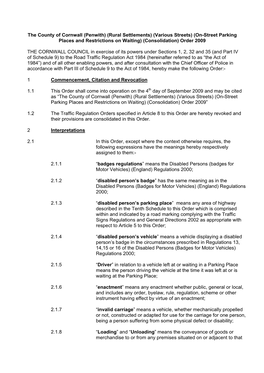 The County of Cornwall (Penwith) (Rural Settlements) (Various Streets) (On-Street Parking Places and Restrictions on Waiting) (Consolidation) Order 2009