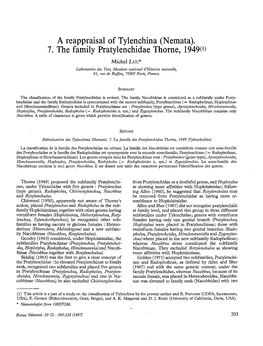 7. the Family Pratylenchidae Thorne, 1949(1) Michel Luc* Laboratoire Des Vers, Mztse'um National D'histoire Naturelle, 61, Rue De Buffon, 75005 Paris, France