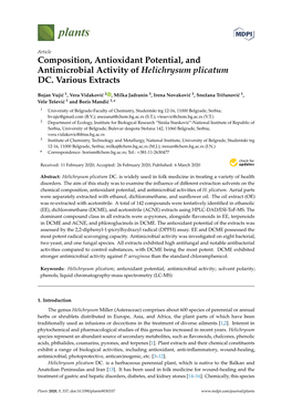 Composition, Antioxidant Potential, and Antimicrobial Activity of Helichrysum Plicatum DC