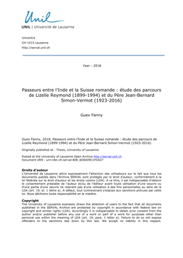 Passeurs Entre L'inde Et La Suisse Romande : Étude Des Parcours De Lizelle Reymond (1899-1994) Et Du Père Jean-Bernard Simon-Vermot (1923-2016)