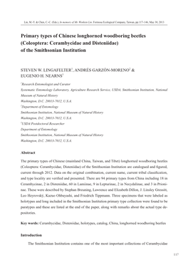 Primary Types of Chinese Longhorned Woodboring Beetles (Coleoptera: Cerambycidae and Disteniidae) of the Smithsonian Institution