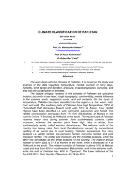 CLIMATE CLASSIFICATION of PAKISTAN Saif Ullah Khan 1 Ph.D Scholar