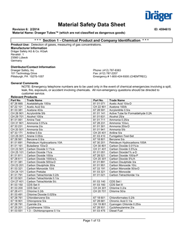 Material Safety Data Sheet Revision 6: 2/2014 ID: 4594615 Material Name: Draeger Tubes™ (Which Are Not Classified As Dangerous Goods)