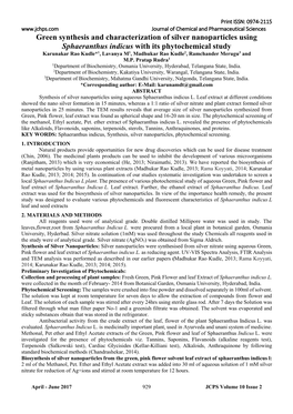 Green Synthesis and Characterization of Silver Nanoparticles Using Sphaeranthus Indicus with Its Phytochemical Study