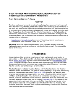 BODY POSITION and the FUNCTIONAL MORPHOLOGY of CRETACEOUS HETEROMORPH AMMONITES Neale Monks and Jeremy R