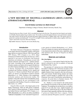 A New Record of Tolypella Glomerata (Desv.) Leonh