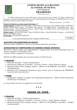 COMPTE-RENDU De La REUNION Du CONSEIL MUNICIPAL De La Commune De TRAMOYES Département De L’Ain