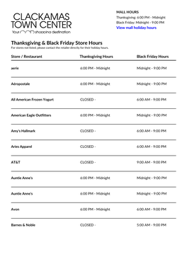 Thanksgiving & Black Friday Store Hours