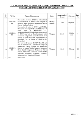 AGENDA for the MEETING of FOREST ADVISORY COMMITTEE SCHEDULED to BE HELD on 18Th AUGUST, 2020