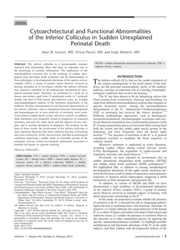 Cytoarchitectural and Functional Abnormalities of the Inferior Colliculus in Sudden Unexplained Perinatal Death Anna M