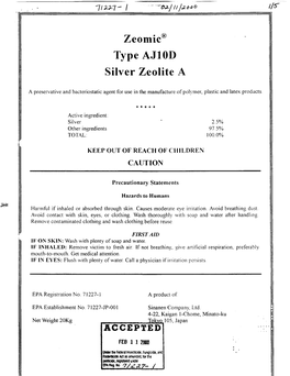 U.S. EPA, Pesticide Product Label, ZEOMIC TYPE AJ SILVER ZEOLITE