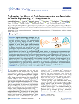 Caulobacter Crescentus As a Foundation for Stable, High-Density, 2D Living Materials † † † ‡ ∞ † ∞ † ∞ † Marimikel Charrier, Dong Li, Victor R