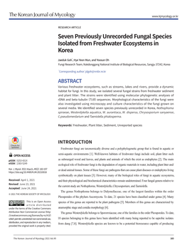 Seven Previously Unrecorded Fungal Species Isolated from Freshwater Ecosystems in Korea