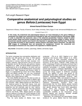 Comparative Anatomical and Palynological Studies on Genus Ballota (Lamiaceae) from Egypt