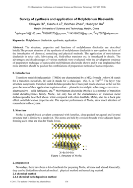 Survey of Synthesis and Application of Molybdenum Diselenide Shuyan Qia, Xiaohu Liub, Bochao Zhaoc, Huanyan Xud