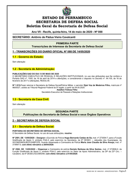 Recife, Quinta-Feira, 14 De Maio De 2020 - Nº 088