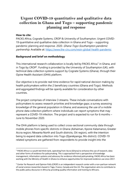 Urgent COVID-19 Quantitative and Qualitative Data Collection in Ghana and Togo – Supporting Pandemic Planning and Response