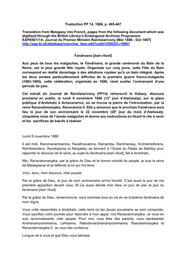 Traduction PP 14, 1886, P. 465-467 Translation from Malagasy Into French, Pages from the Following Document Which Was Digitised