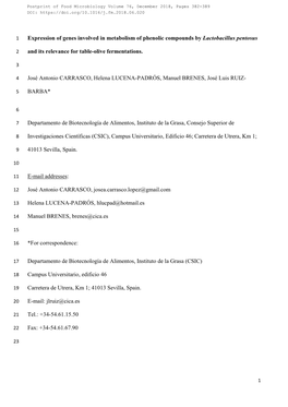 Expression of Genes Involved in Metabolism of Phenolic Compounds by Lactobacillus Pentosus and Its Relevance for Table-Olive