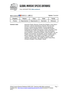 (GISD) 2021. Species Profile Melia Azedarach. Available From